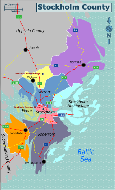 Map of Stockholm County divided for traveller perspective.