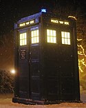 The TARDIS on the set of "The Church on Ruby Road"