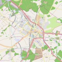 Mapa konturowa Lubina, blisko centrum po prawej na dole znajduje się punkt z opisem „Sanktuarium św. Maksymiliana w Lubinie”