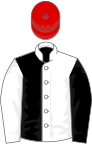 Black and white (halved), sleeves reversed, red cap