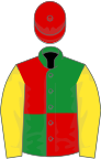 Green and red (quartered), yellow sleeves, red cap