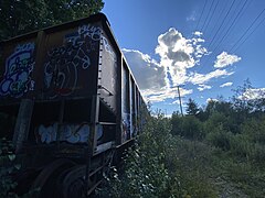 View of abandoned hopper cars along the East Providence section; the cars were removed in early 2022