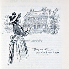 Gravure N&B. Une jeune femme, mains jointes, contemple un château