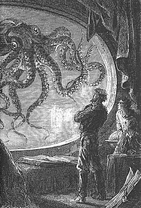 Poulpe imaginaire vu du Nautilus du Capitaine Nemo (gravure d'Édouard Riou, 1870).