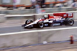 Andrea de Cesaris in een Ligier tijdens de Grand Prix van de Verenigde Staten 1984