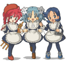 The three sisters with their attributes: Commons-tan with her easel, palette, spiral-bound notepad and paintbrush; Quote-tan with a microphone- and shoulder-strap-equipped portable reel-to-reel audio recorder, and Wikipe-tan with her hands excitedly balled into fists.