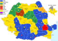 Hartă politică înfâțișând victoria Convenției Democrate Române (CDR) la alegerile locale din 1996 din România.[w]