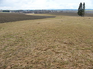 Blick über flachwelliges Terrain nahe Weißdorf, östlich von Münchberg, mit Blickrichtung nach Osten. Im Bildhintergrund die Silhouette des Nordwestrandes des Fichtelgebirges.