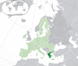 Location of  Greece  (dark green) – on the European continent  (green & dark grey) – in the European Union  (green)  —  [Legend]