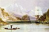 A watercolour by ship's artist Conrad Martens painted during the survey of Tierra del Fuego shows the Beagle being hailed by native Fuegians.