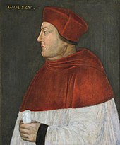 A portrait of Cardinal Thomas Wolsey, wearing the red cloak and hat associated with cardinals.