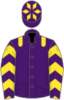 Purple, yellow epaulettes, yellow chevrons on sleeves, purple cap, yellow diamonds