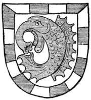 Fig. 481.—Arms of the Grauff von Dälffin lett och in Dalffinat (Count von Dälffin), which also lies in Dauphiné (from Grünenberg's "Book of Arms"): Argent, a dolphin azure within a bordure compony of the first and second.