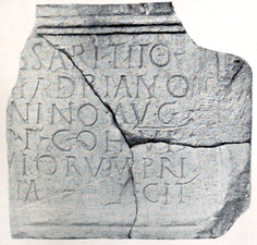 Tablet from Rough Castle Principia. RIB 2145, dedicated to the emperor Antoninus Pius.[9] George MacDonald calls in no. 29 in the 2nd edition of his book The Roman Wall in Scotland.[10] It has been scanned a video produced.[11]