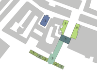 Layout of the palace ensemble in Wrocław: Central part (baroque, preserved) Royal Court church South-West Wing (destroyed) South Wing (destroyed) Eastern pavilion (destroyed) Western pavilion (preserved) Kitchen Wing (preserved) North-West Wing (preserved) North-East Wing (preserved and extended after World War II)