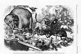 An 1874 cartoon by Thomas Nast, featuring the first notable appearance of the Republican elephant[175]