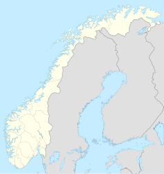 Mapa konturowa Norwegii, blisko lewej krawiędzi na dole znajduje się punkt z opisem „Kościół Naszego Zbawiciela”