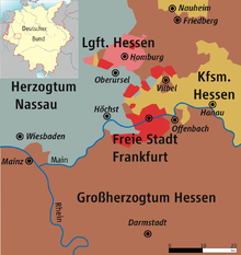 Situo de Frankfurto (meze, ruĝe) inter Hesio-Darmstadt (brune), Hesio-Kaselo (flave) kaj Nasaŭo (grize) en la Germana Federacio