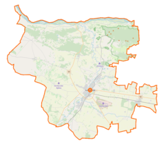 Mapa konturowa powiatu sochaczewskiego, na dole nieco na prawo znajduje się punkt z opisem „Bielice”