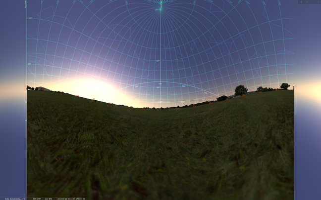 Morgens beim Sonnenaufgang genau in Richtung Osten: Himmelsäquator nach oben gewölbt (hellblau), horizontales Koordinatensystem mit Meridian und Zenit grün.