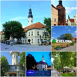 Do topo: Prefeitura, Torre do banho, Parque do vinho, Torre Braniborska, igreja de Nossa Senhora de Częstochowa, calçadão