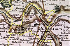 Extrait d'une carte ancienne en couleurs avec délimitation d'un territoire communal.