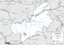 Carte en couleur présentant les réseau hydrographique de la commune