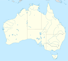 Mapa konturowa Australii, blisko prawej krawiędzi znajduje się punkt z opisem „Parafiapw. Matki Bożej Różańcowejw Kenmore”