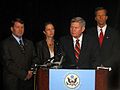 Sen. Johnson (second from right) answers questions after he helped prevent the closure of Ellsworth Air Force Base in South Dakota. Left to right: Governor M. Michael Rounds, U.S. Rep. Stephanie Herseth, Johnson, and U.S. Senator John Thune