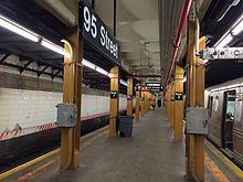 The platform at the Bay Ridge–95th Street station, which opened in 1925 as the terminal of the Fourth Avenue subway line