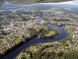 Hønefoss seen from the air. The river is Storelva.