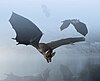 Three bats flying over a misty placid lake. The bat in the foreground is about to swoop down and take a drink from the surface of the lake.