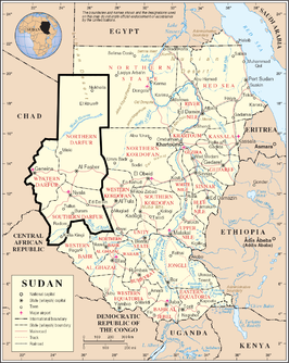 Soedan met de regio Darfur aangeduid.