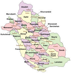 Location of Jahrom County in Fars province (center, pink)