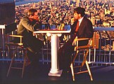 Garry Kasparov (left) and Viswanathan Anand (right) in the observation deck of 2 World Trade Center during the 1995 Classical World Chess Championship