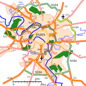 Carte des ceintures périphériques de Paris, mettant en évidence l'autoroute A104