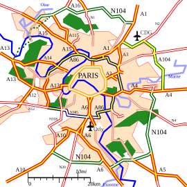 A86 (bleu), A104 (vert) et le Périphérique (orange).