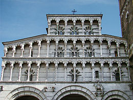 The arcading on the facade of Lucca Cathedral, Tuscany (1204) has many variations in its decorative details, both sculptural and in the inlaid polychrome marble.