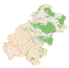 Mapa konturowa powiatu oławskiego, blisko centrum na prawo znajduje się punkt z opisem „Bystrzyca”