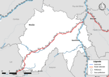 Carte du réseau routier national du Cantal avec les routes nationales en rouge