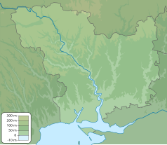 Mapa konturowa obwodu mikołajowskiego, blisko centrum po prawej na dole znajduje się punkt z opisem „Mikołajów”