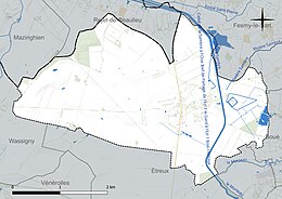 Carte en couleur présentant le réseau hydrographique de la commune