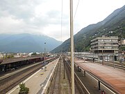 Station platforms and railway works from the footbridge, looking north