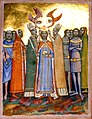 Two bishops and two angels put a crown on the head of a man who is surrounded by people.