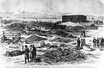 An 1879 lithograph illustration depicting the Meeker Massacre in Colorado