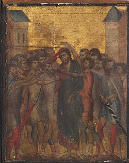 Cimabue, Tafelbild „Der verspottete Christus“, Tempera-Farbe und Gold auf Holz, ca. 1280, Musée du Louvre, Paris