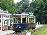 Blauwe Tram-motorrijtuig A327, gebouwd door Beijnes in 1913.