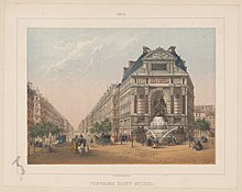 Illustration en couleurs de la place Saint-Michel à Paris dans les années 1870. À gauche, la rue Saint-Michel s'étend en ligne droite jusqu'au loin, et à droite la fontaine Saint-Michel devant la façade d'un immeuble, à l'unification de deux rues. Les rues sont peuplées de nombreuses personnes, principalement des femmes en imposantes robes colorées, et quelques calèches, elles aussi de couleur.