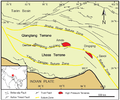 Location of Transhimalaya which includes Lhasa Terrane. In the north, Bangong-Nujiang Suture Zone separates Transhimalaya from the Qiangtang terrane. In the south, Indus-Yarlung suture zone separates it from Himalayas.