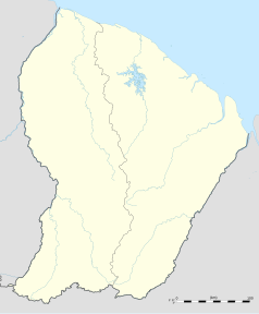 Mapa konturowa Gujany Francuskiej, u góry nieco na prawo znajduje się punkt z opisem „Kosmodrom Kourou”